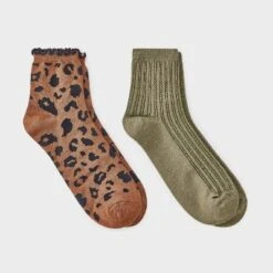 Women's Leopard Print Ruffle Trim Ultra Soft 2pk Ankle Socks - Auden™ Brown/Black/Olive Green 4-10 -Auden GUEST 0b9fbdd0 daa7 4414 953f 728b801223cf