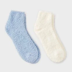 Women's Solid 2pk Cozy Ankle Socks - Auden™ Ivory/Blue One Size -Auden GUEST 50416f8c 272a 4e57 997b e183b72d4e34