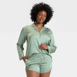 Women's Satin Notch Collar Long Sleeve Shirt And Shorts Pajama Set - Auden™ -Auden GUEST 6cc463cb 603f 46d1 9874 bb6ca40961d9