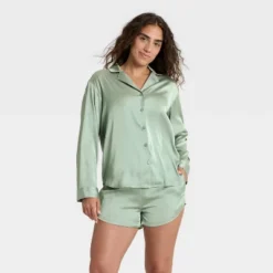 Women's Satin Notch Collar Long Sleeve Shirt And Shorts Pajama Set - Auden™ -Auden GUEST 7b246012 563c 4c7a a7e9 661d24436056