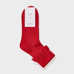 Women's Pointelle Scallop Turn-Cuff 2pk Ankle Socks - Auden™ Red/Ivory 4-10