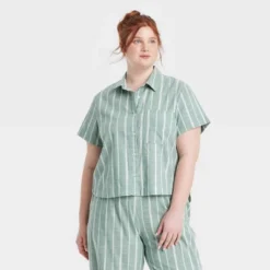 Women's Striped Cotton Blend Short Sleeve Pajama Shirt - Auden™ -Auden GUEST 970d2ca9 eedd 4a57 91bc f5d0fdcd6ee9