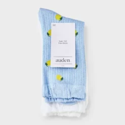 Women's Lemons 2pk Crew Socks With Ruffle Cuff - Auden™ Blue/White 4-10: Viscose Blend, Knit, Midweight, Lemon Pattern