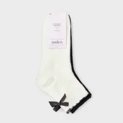 Women's Scallop Edge Bow Ultra Soft Rib-Knit 2pk Ankle Socks - Auden™ Ivory/Black 4-10