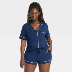 Women's Cloud Knit Short Sleeve Notch Collar Shirt And Shorts Pajama Set - Auden™ -Auden GUEST acae3a97 e30d 48de a769 31f6b111efe9