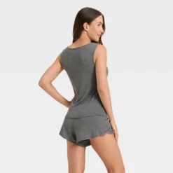 Women's Lace Trim Ribbed Tank Top And Shorts Pajama Set - Auden™