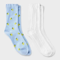 Women's Lemons 2pk Crew Socks With Ruffle Cuff - Auden™ Blue/White 4-10: Viscose Blend, Knit, Midweight, Lemon Pattern -Auden GUEST ce6e745b 0142 4e28 a828 6e935c8b2c72