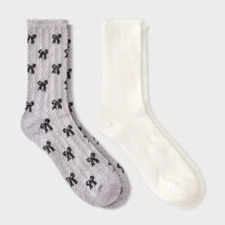 Women's Scallop Edge All-Over Bows And Pointelle 2pk Crew Socks - Auden™ Heather Gray/Black/Ivory 4-10 -Auden GUEST d63b1066 e8b2 4326 8acb 1174f3a7ad8a