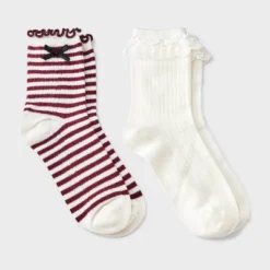 Women's Striped Waffle Knit 2pk Crew Socks With Bow Applique - Auden™ Berry/Ivory/Black 4-10 -Auden GUEST dd123c91 7cc8 41f9 a6a3 291a7cea320a