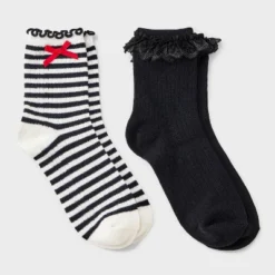Women's Striped Waffle Knit 2pk Crew Socks With Bow Applique - Auden™ Ivory/Black/Red 4-10 -Auden GUEST f8256f93 828a 479c 8ac1 189413561972