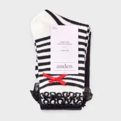 Women's Striped Waffle Knit 2pk Crew Socks With Bow Applique - Auden™ Ivory/Black/Red 4-10